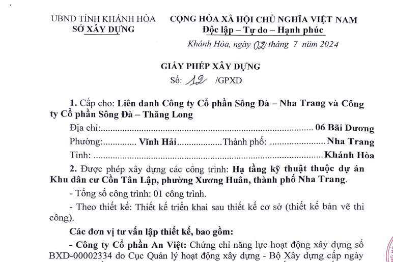 Giấy phép xây dựng HTKT CTL số 2-GPXD