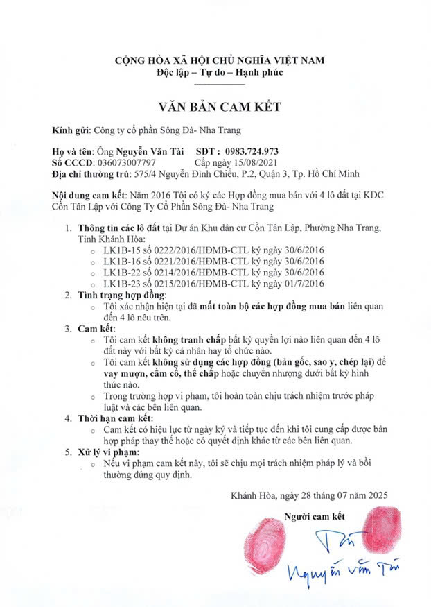 NGUYÊN VĂN TÀI CAM KẾT